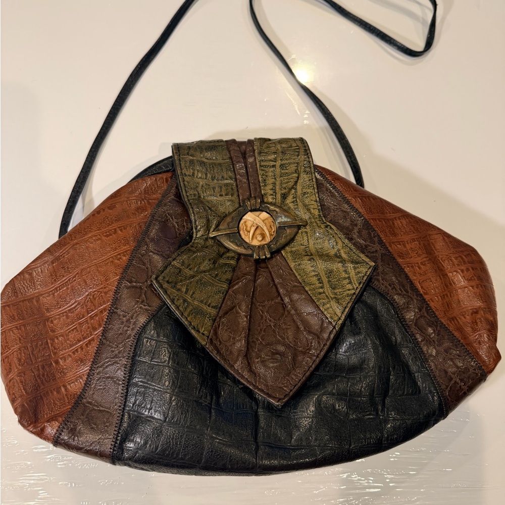 Patchwork Leather Crossbody Bag in Brown, Black & Olive